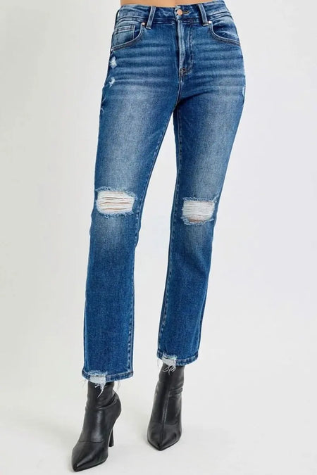 RISEN Full Size High Rise Distressed Crop Straight Jeans - Sleekdenim.com