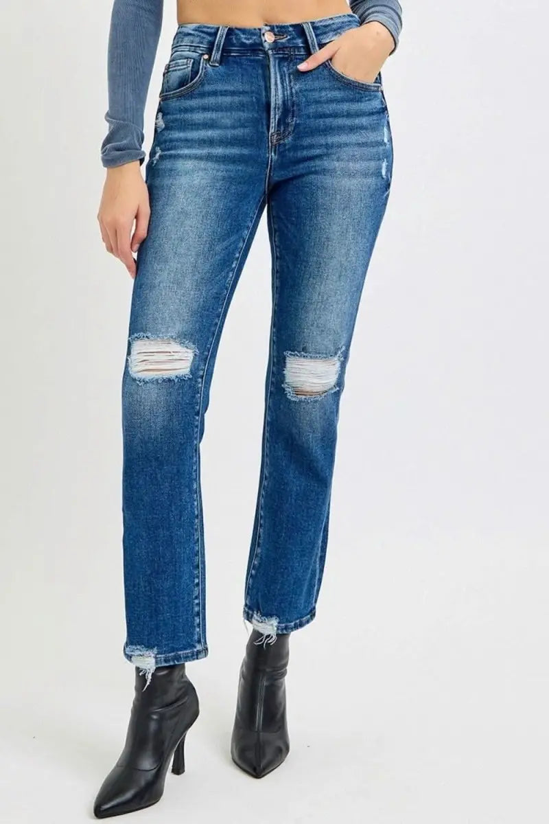 RISEN Full Size High Rise Distressed Crop Straight Jeans - Sleekdenim.com