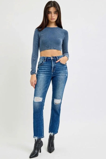 RISEN Full Size High Rise Distressed Crop Straight Jeans - Sleekdenim.com