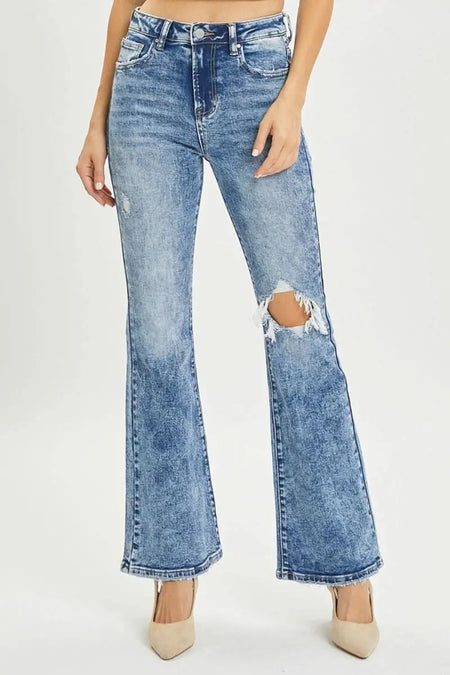 RISEN Full Size High Rise Distressed Flare Jeans - Sleekdenim.com