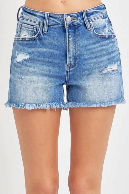 RISEN Full Size High Rise Distressed Raw Hem Denim Shorts - Sleekdenim.com