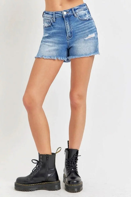 RISEN Full Size High Rise Distressed Raw Hem Denim Shorts - Sleekdenim.com