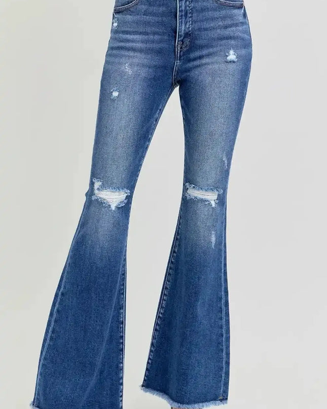 RISEN Full Size High Rise Distressed Raw Hem Flare Jeans - Sleekdenim.com