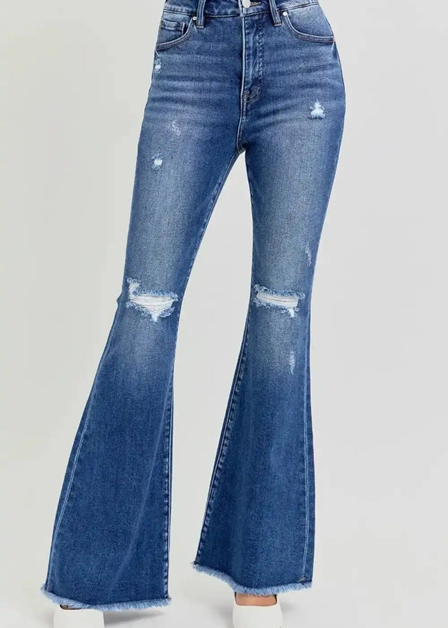 RISEN Full Size High Rise Distressed Raw Hem Flare Jeans - Sleekdenim.com