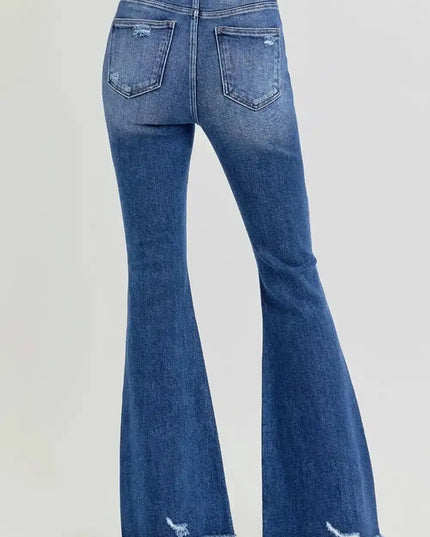 RISEN Full Size High Rise Distressed Raw Hem Flare Jeans - Sleekdenim.com