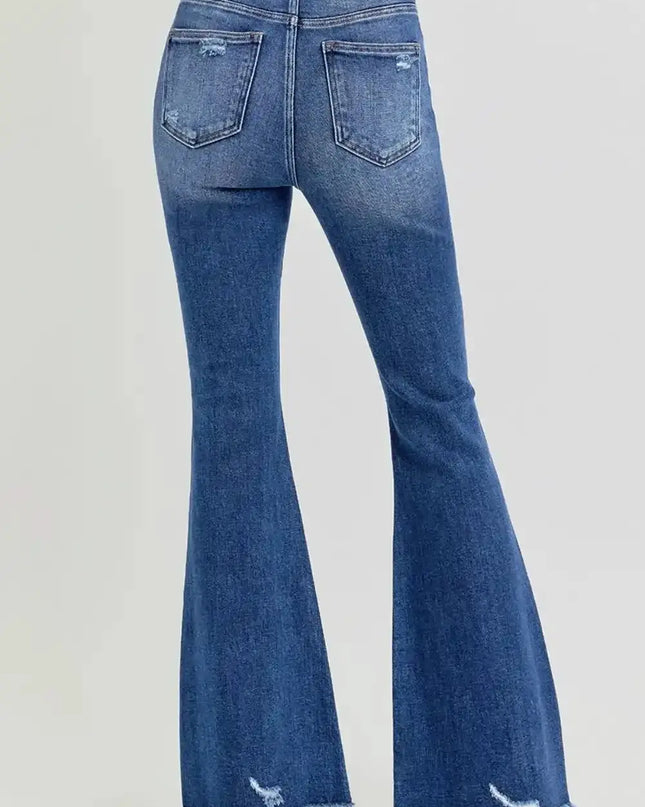 RISEN Full Size High Rise Distressed Raw Hem Flare Jeans - Sleekdenim.com