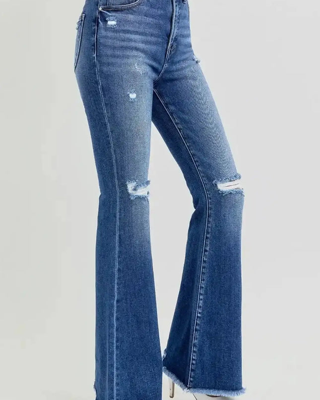RISEN Full Size High Rise Distressed Raw Hem Flare Jeans - Sleekdenim.com