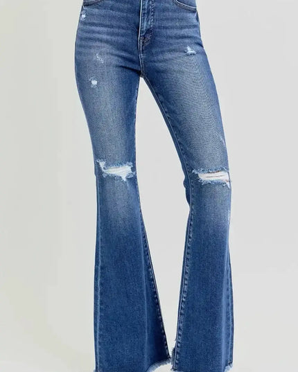 RISEN Full Size High Rise Distressed Raw Hem Flare Jeans - Sleekdenim.com
