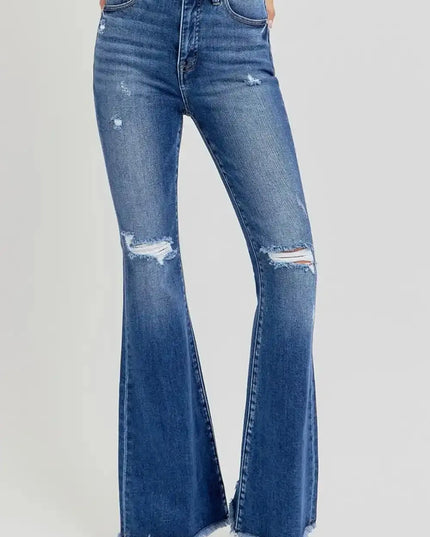 RISEN Full Size High Rise Distressed Raw Hem Flare Jeans - Sleekdenim.com