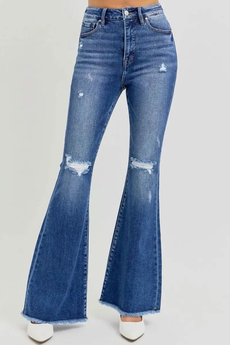 RISEN Full Size High Rise Distressed Raw Hem Flare Jeans - Sleekdenim.com