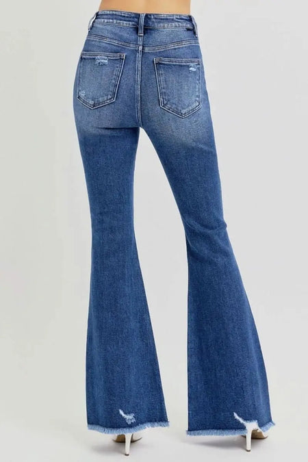 RISEN Full Size High Rise Distressed Raw Hem Flare Jeans - Sleekdenim.com