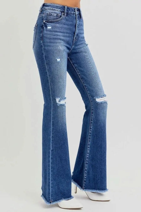 RISEN Full Size High Rise Distressed Raw Hem Flare Jeans - Sleekdenim.com