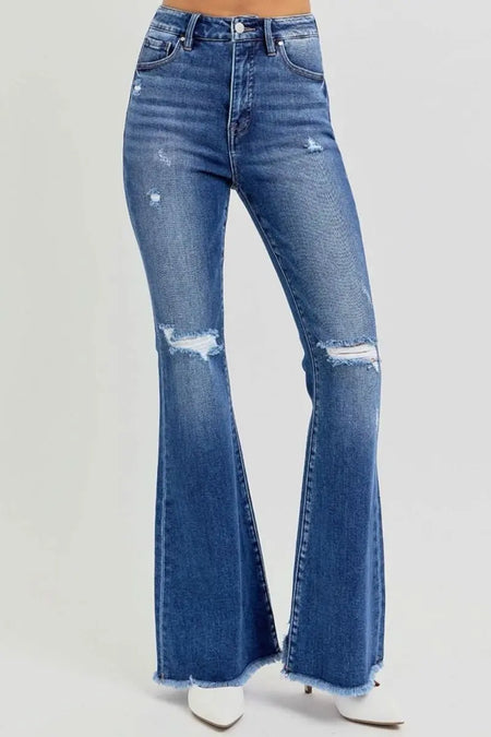 RISEN Full Size High Rise Distressed Raw Hem Flare Jeans - Sleekdenim.com