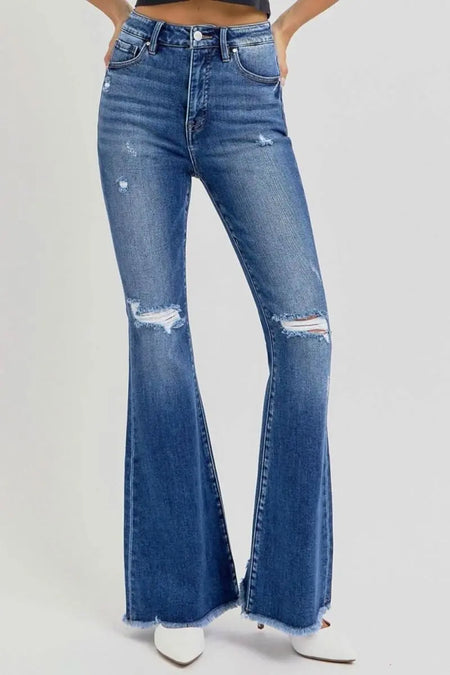 RISEN Full Size High Rise Distressed Raw Hem Flare Jeans - Sleekdenim.com