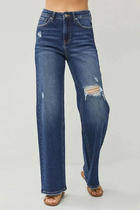 RISEN Full Size High Rise Distressed Wide Leg Jeans - Sleekdenim.com