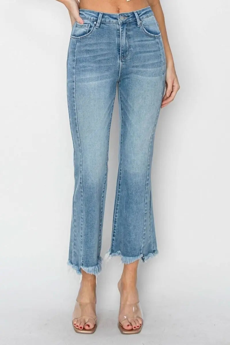 RISEN Full Size High Rise Frayed Hem Flare Jeans - Sleekdenim.com