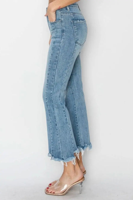 RISEN Full Size High Rise Frayed Hem Flare Jeans - Sleekdenim.com