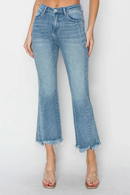 RISEN Full Size High Rise Frayed Hem Flare Jeans - Sleekdenim.com