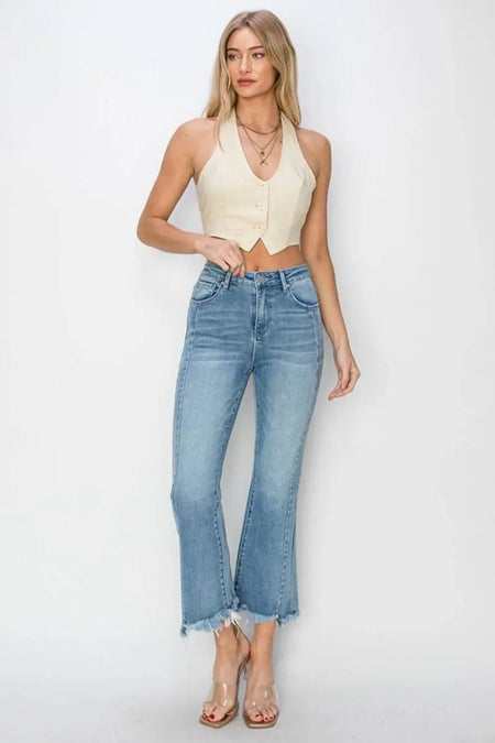 RISEN Full Size High Rise Frayed Hem Flare Jeans - Sleekdenim.com