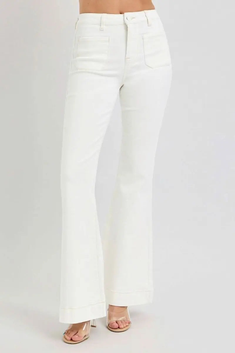 RISEN Full Size High Rise Front Patch Pocket Flare Jeans - Sleekdenim.com