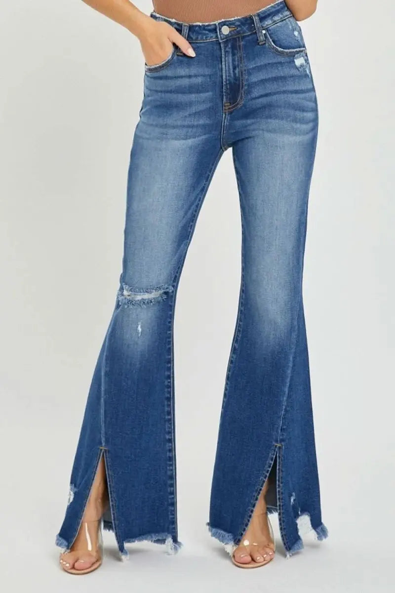 RISEN Full Size High Rise Front Slit Frayed Hem Flare Jeans - Sleekdenim.com