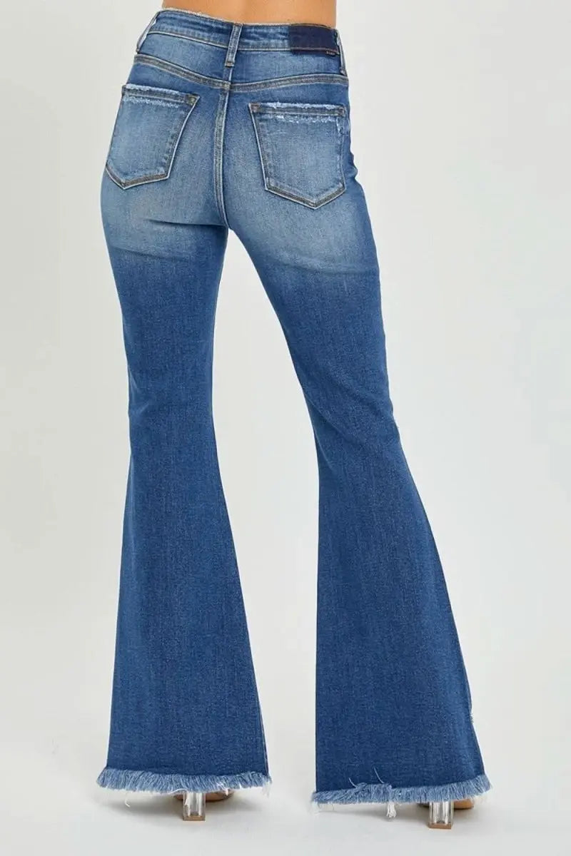 RISEN Full Size High Rise Front Slit Frayed Hem Flare Jeans - Sleekdenim.com