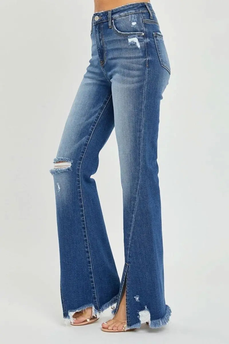 RISEN Full Size High Rise Front Slit Frayed Hem Flare Jeans - Sleekdenim.com