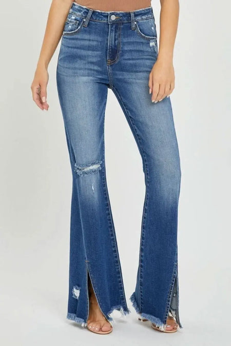 RISEN Full Size High Rise Front Slit Frayed Hem Flare Jeans - Sleekdenim.com