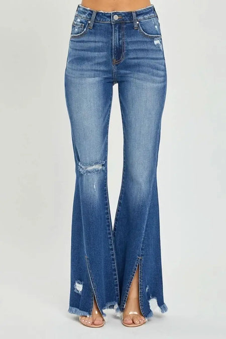 RISEN Full Size High Rise Front Slit Frayed Hem Flare Jeans - Sleekdenim.com