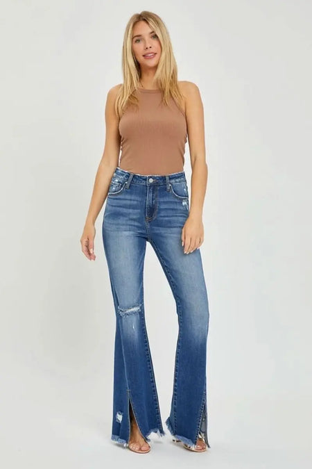 RISEN Full Size High Rise Front Slit Frayed Hem Flare Jeans - Sleekdenim.com