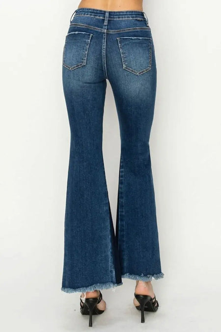 RISEN Full Size High Rise Side Shadow Seam Detail Slit Flare Jeans - Sleekdenim.com