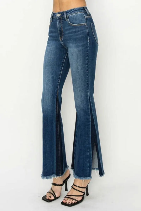 RISEN Full Size High Rise Side Shadow Seam Detail Slit Flare Jeans - Sleekdenim.com