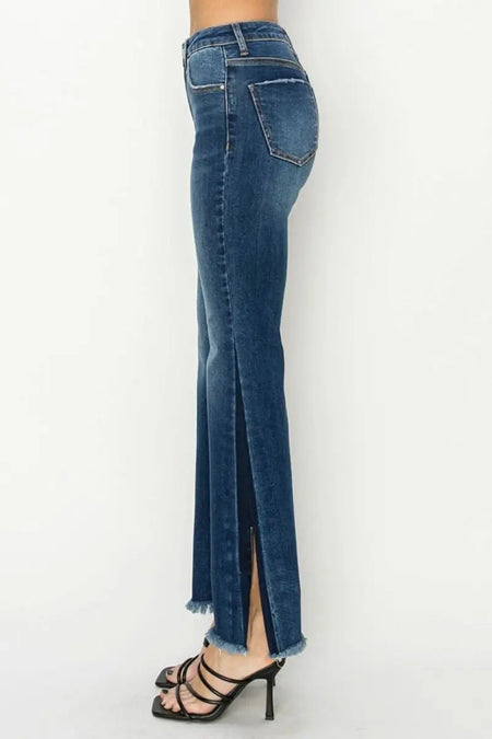 RISEN Full Size High Rise Side Shadow Seam Detail Slit Flare Jeans - Sleekdenim.com