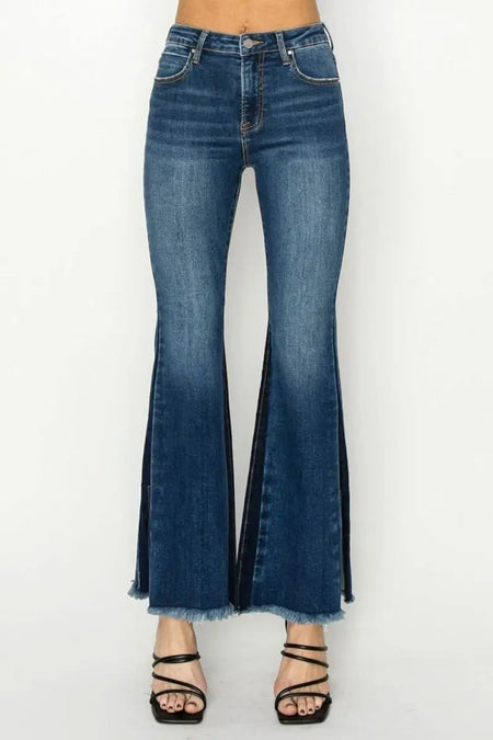 RISEN Full Size High Rise Side Shadow Seam Detail Slit Flare Jeans - Sleekdenim.com