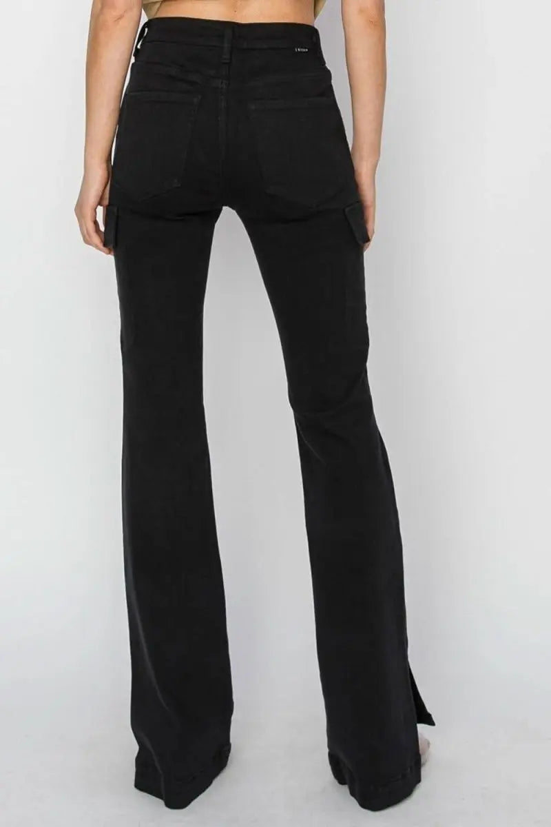 RISEN Full Size High Rise Side Slit Cargo Bootcut Jeans - Sleekdenim.com