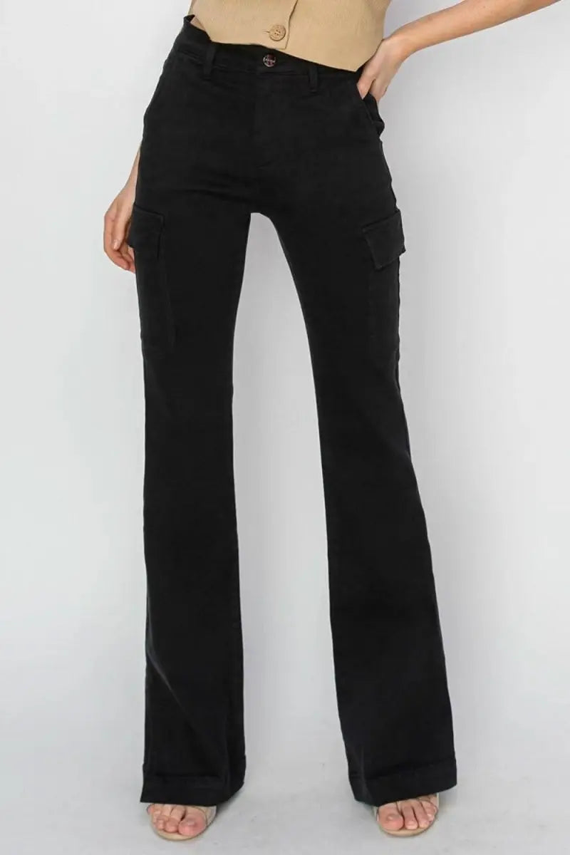 RISEN Full Size High Rise Side Slit Cargo Bootcut Jeans - Sleekdenim.com