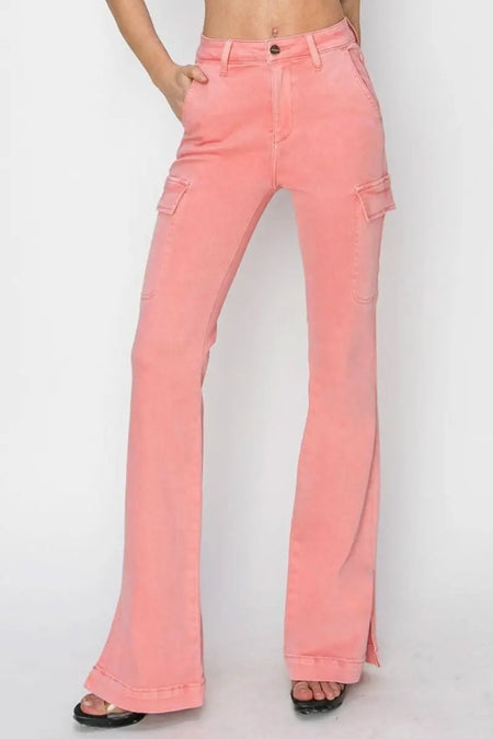 RISEN Full Size High Rise Side Slit Cargo Bootcut Jeans - Sleekdenim.com