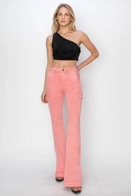 RISEN Full Size High Rise Side Slit Cargo Bootcut Jeans - Sleekdenim.com