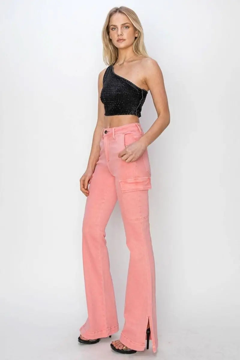 RISEN Full Size High Rise Side Slit Cargo Bootcut Jeans - Sleekdenim.com