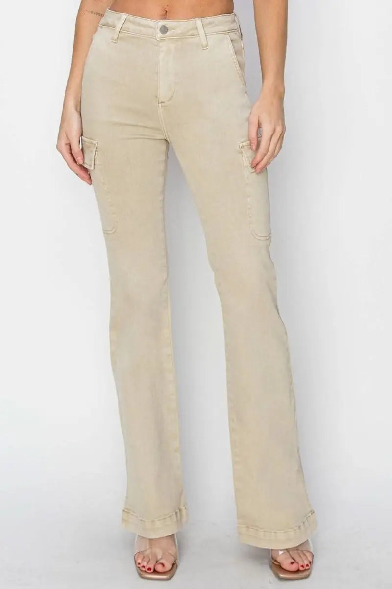 RISEN Full Size High Rise Side Slit Cargo Bootcut Jeans - Sleekdenim.com