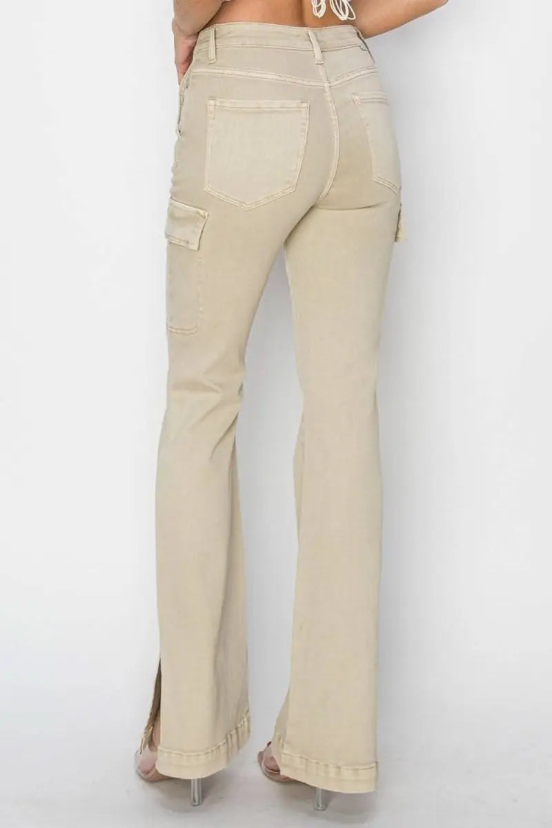 RISEN Full Size High Rise Side Slit Cargo Bootcut Jeans - Sleekdenim.com