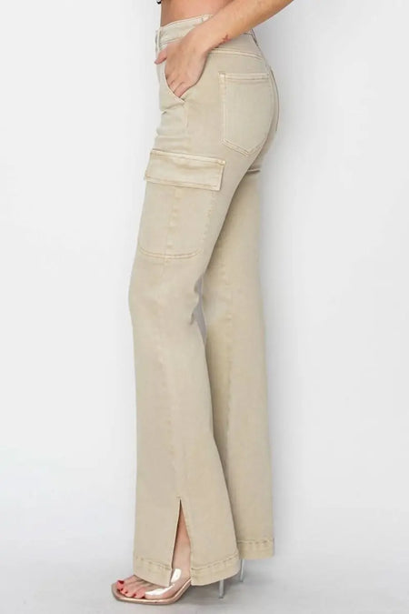 RISEN Full Size High Rise Side Slit Cargo Bootcut Jeans - Sleekdenim.com