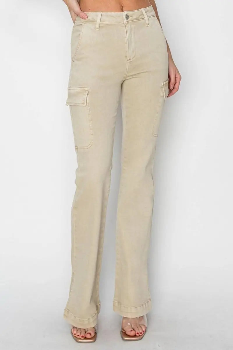 RISEN Full Size High Rise Side Slit Cargo Bootcut Jeans - Sleekdenim.com