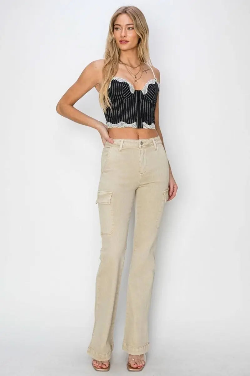 RISEN Full Size High Rise Side Slit Cargo Bootcut Jeans - Sleekdenim.com