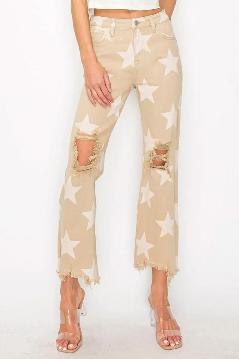 RISEN Full Size High Rise Star Printed Frayed Hem Jeans - Sleekdenim.com