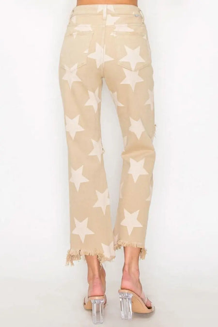 RISEN Full Size High Rise Star Printed Frayed Hem Jeans - Sleekdenim.com