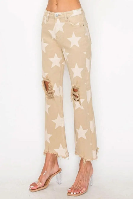 RISEN Full Size High Rise Star Printed Frayed Hem Jeans - Sleekdenim.com