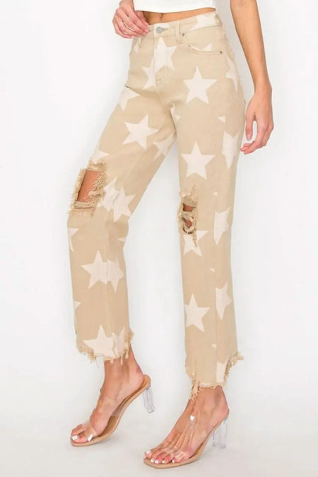 RISEN Full Size High Rise Star Printed Frayed Hem Jeans - Sleekdenim.com