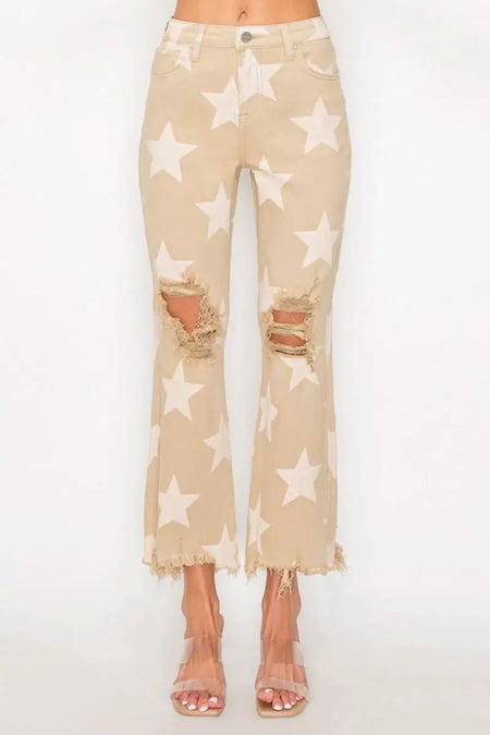 RISEN Full Size High Rise Star Printed Frayed Hem Jeans - Sleekdenim.com