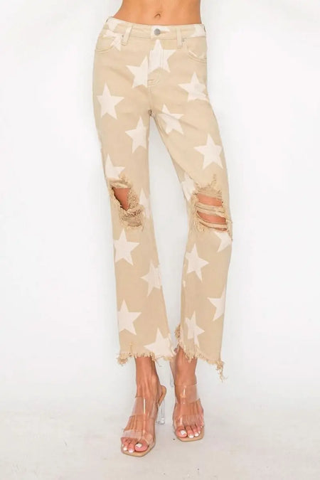 RISEN Full Size High Rise Star Printed Frayed Hem Jeans - Sleekdenim.com